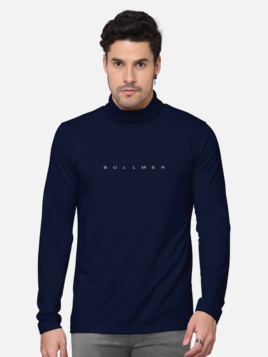 BULLMER Men Typography Printed High Neck Cotton T-shirt, Navy blue
