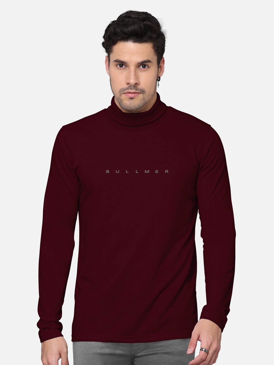 

BULLMER Men Typography Printed High Neck Cotton T-shirt, Burgundy