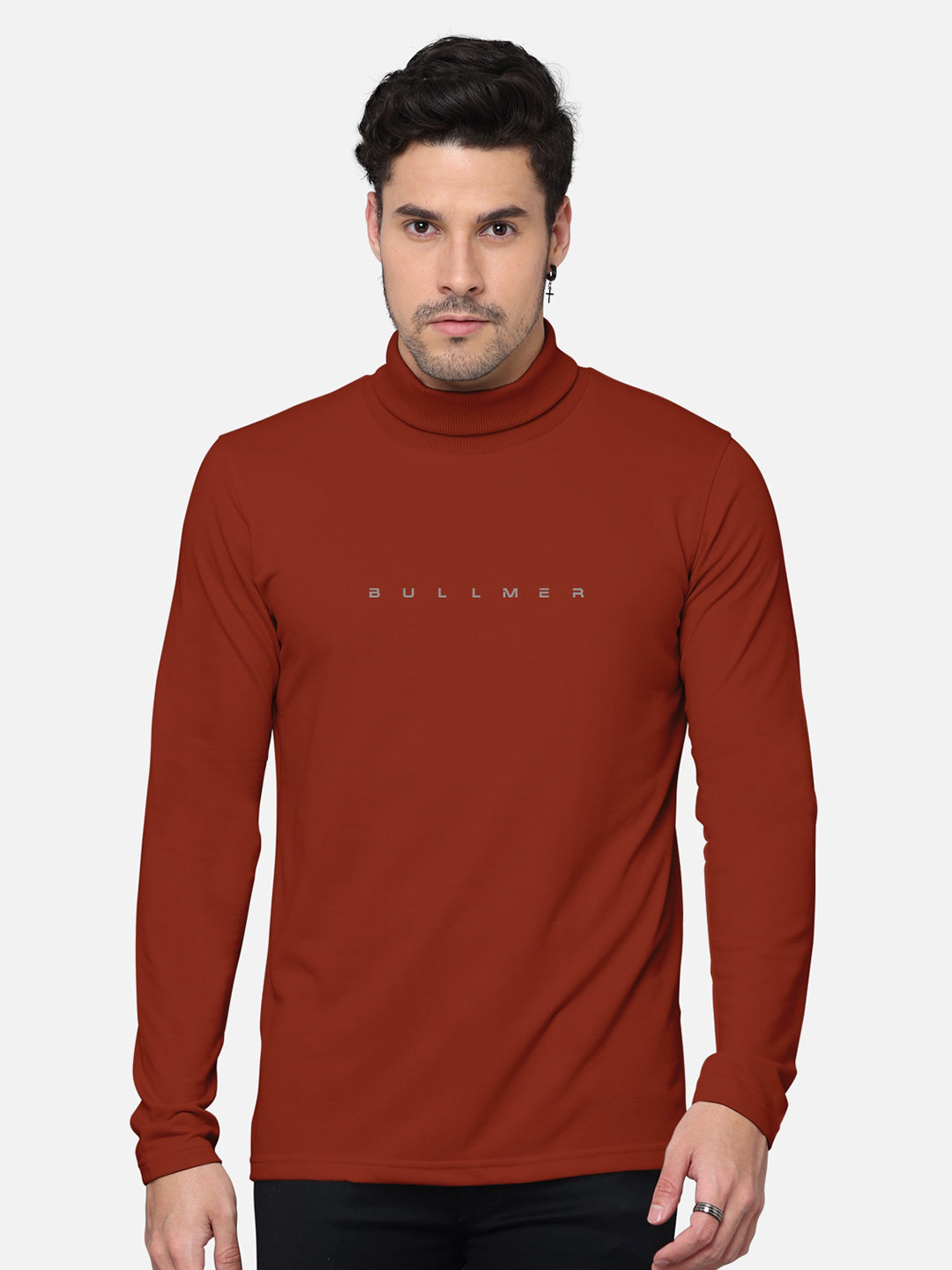 

BULLMER Men Typography Printed High Neck Cotton T-shirt, Rust