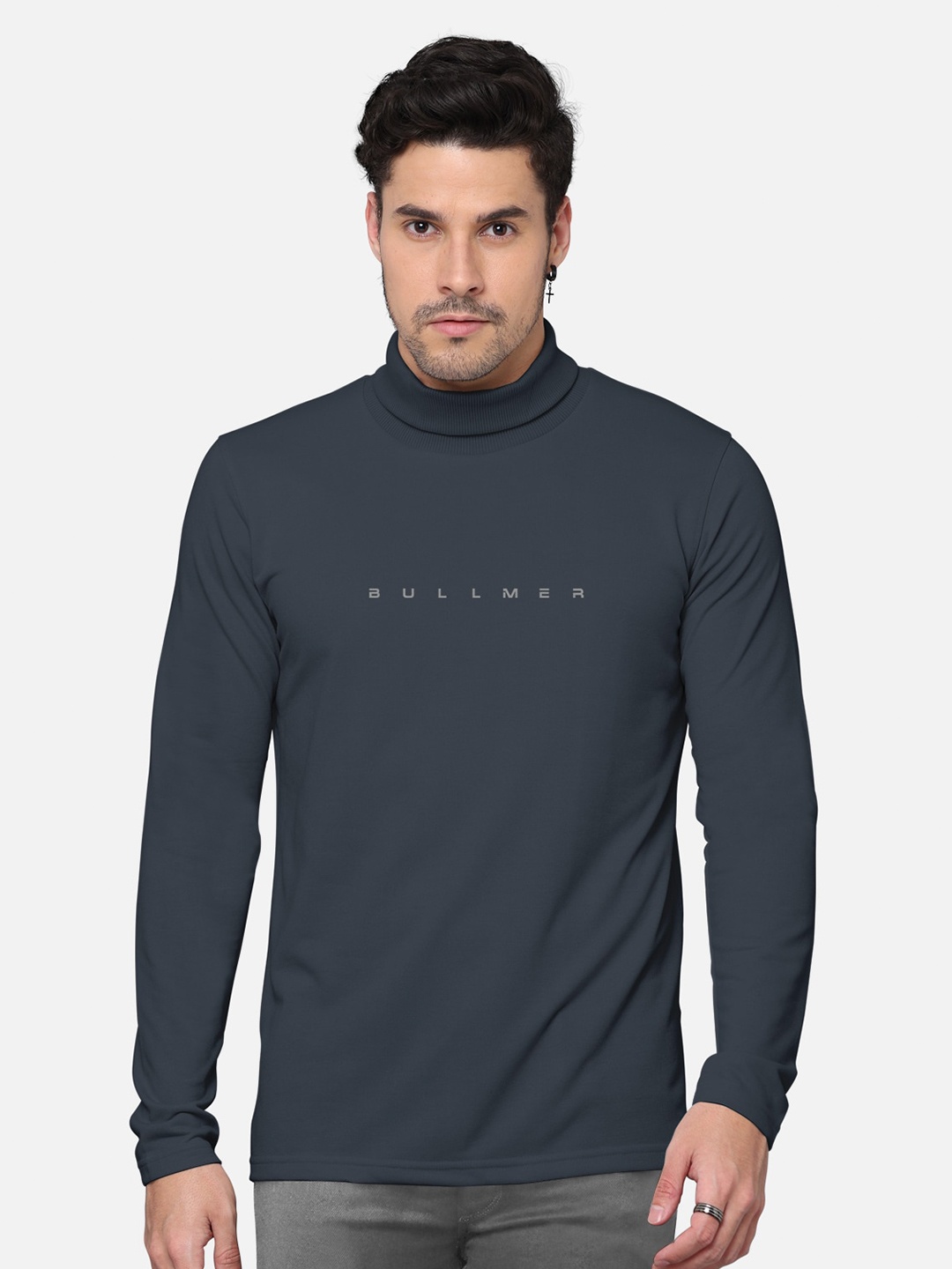 

BULLMER Men Typography High Neck Cotton T-shirt, Grey