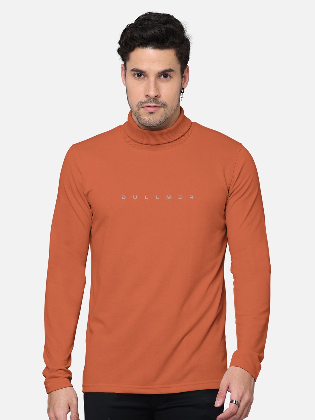 

BULLMER Men Typography Printed High Neck Cotton T-shirt, Orange