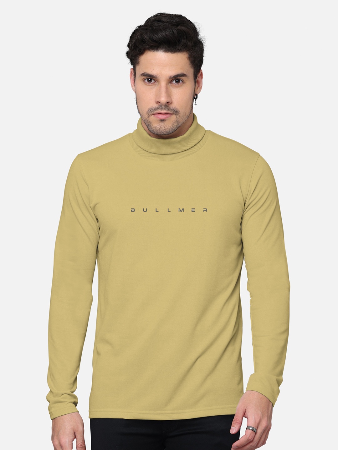 

BULLMER Men Typography Printed High Neck Cotton T-shirt, Yellow