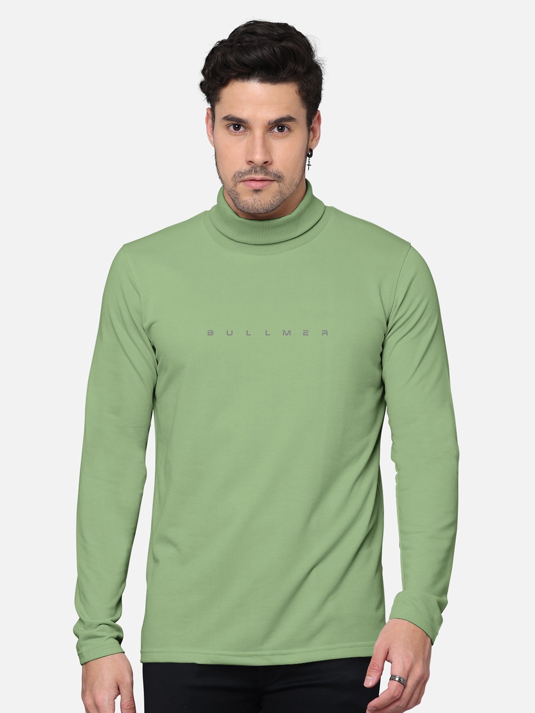 

BULLMER Men Typography Printed High Neck Cotton T-shirt, Green