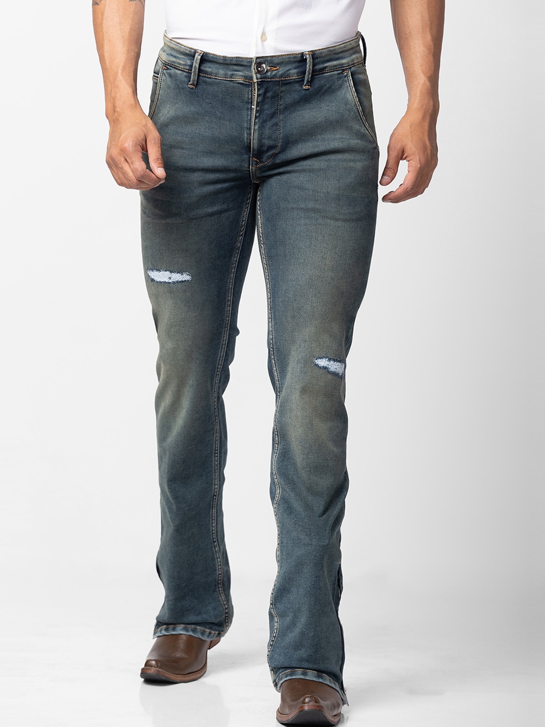 

mode de base Men Bootcut Low Distress Light Fade Stretchable Jeans, Blue