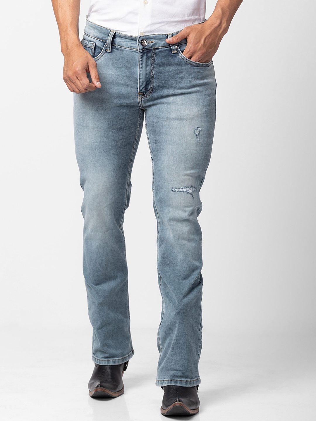 

mode de base Men Bootcut Mildly Distressed Heavy Fade Stretchable Jeans, Blue