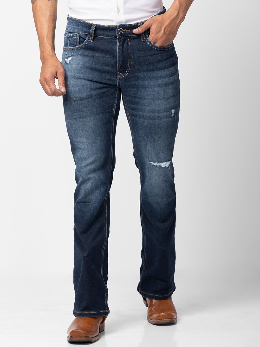 

mode de base Men Navy Blue Bootcut Low Distress Light Fade Stretchable Jeans