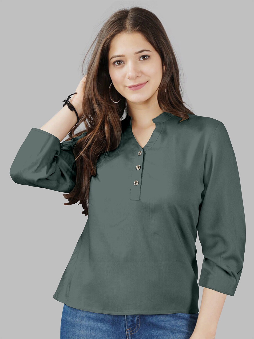 

Fashion FRICKS Grey Mandarin Collar Shirt Style Top