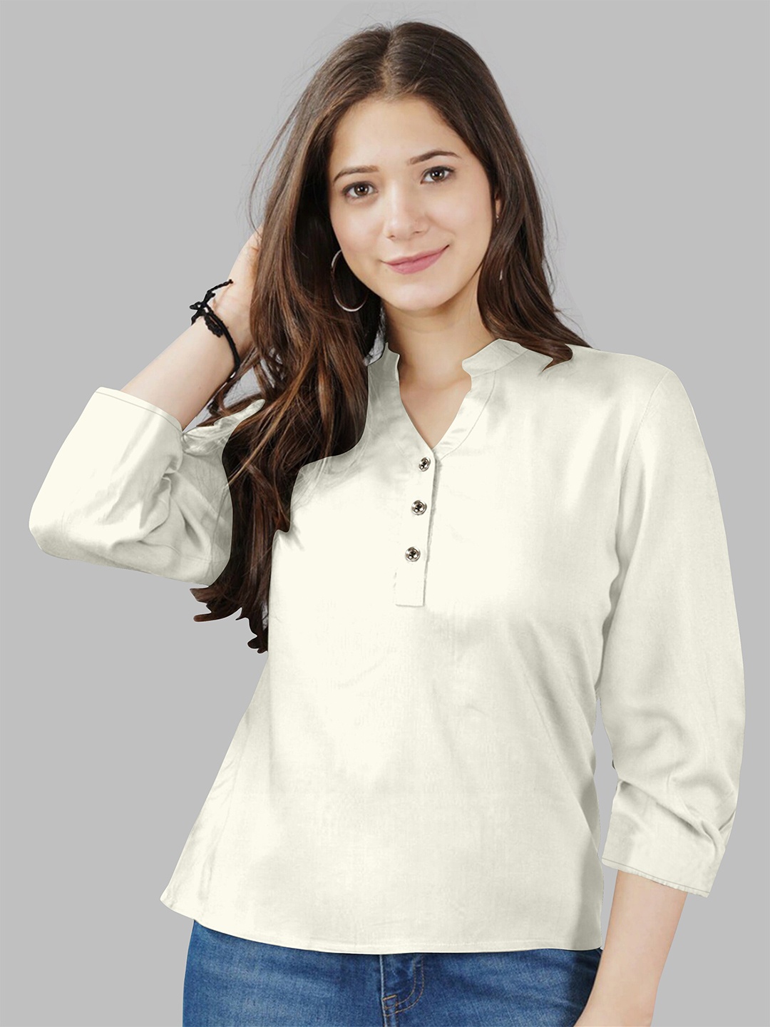 

Fashion FRICKS White Mandarin Collar Shirt Style Top