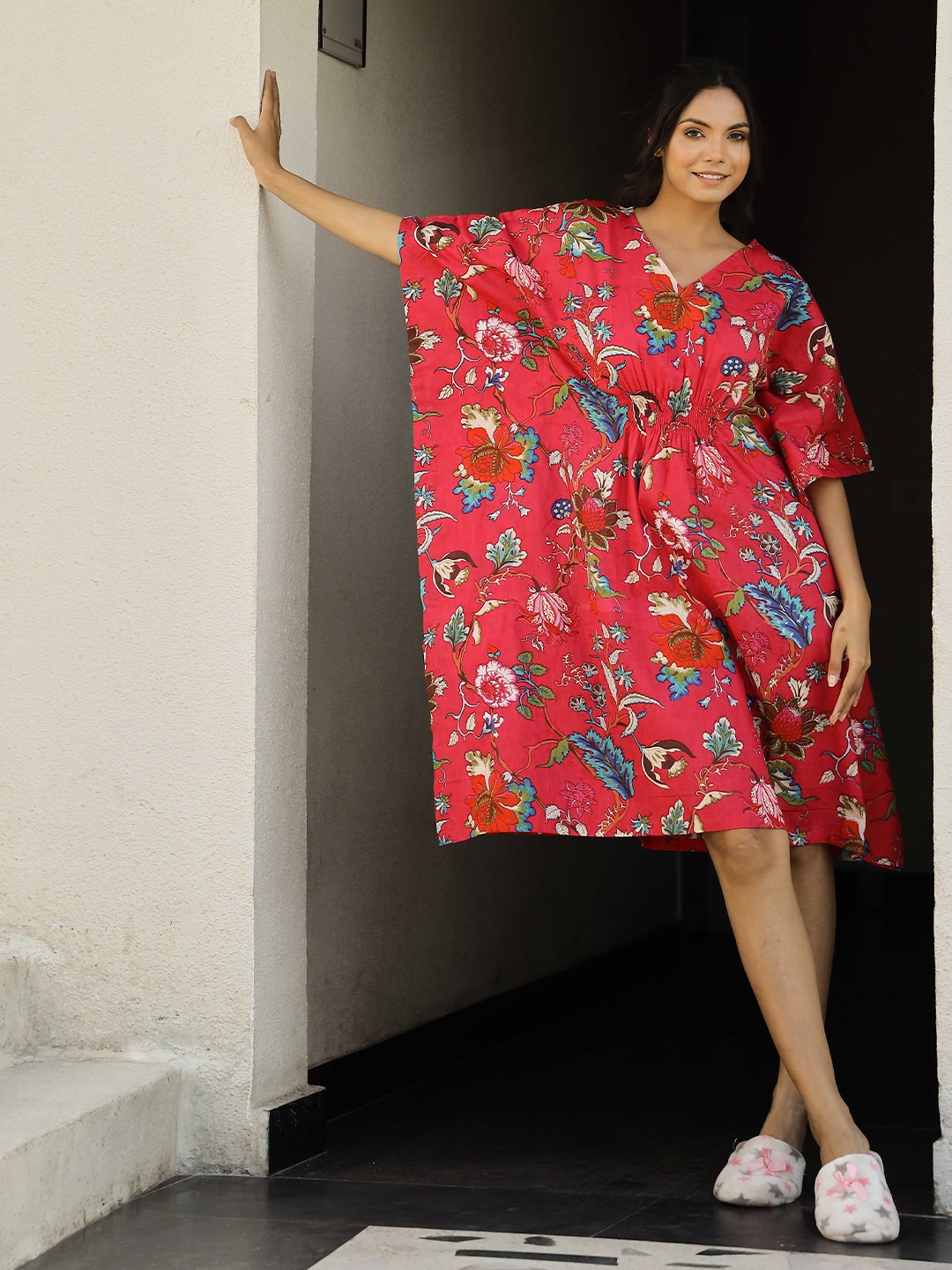 

SANSKRUTIHOMES Printed Pure Cotton Kaftan Nightdress, Red