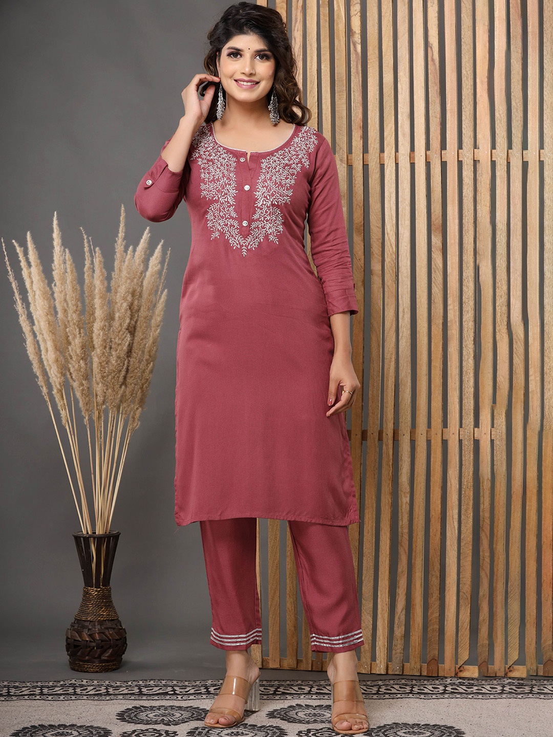 

Shedika Women Floral Embroidered Kurta with Palazzos, Mauve