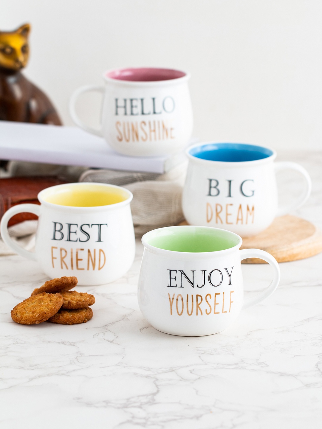 

JCPL White & Blue Set of 4 Text or Slogans Printed Ceramic Matte Mugs 470 ml Each