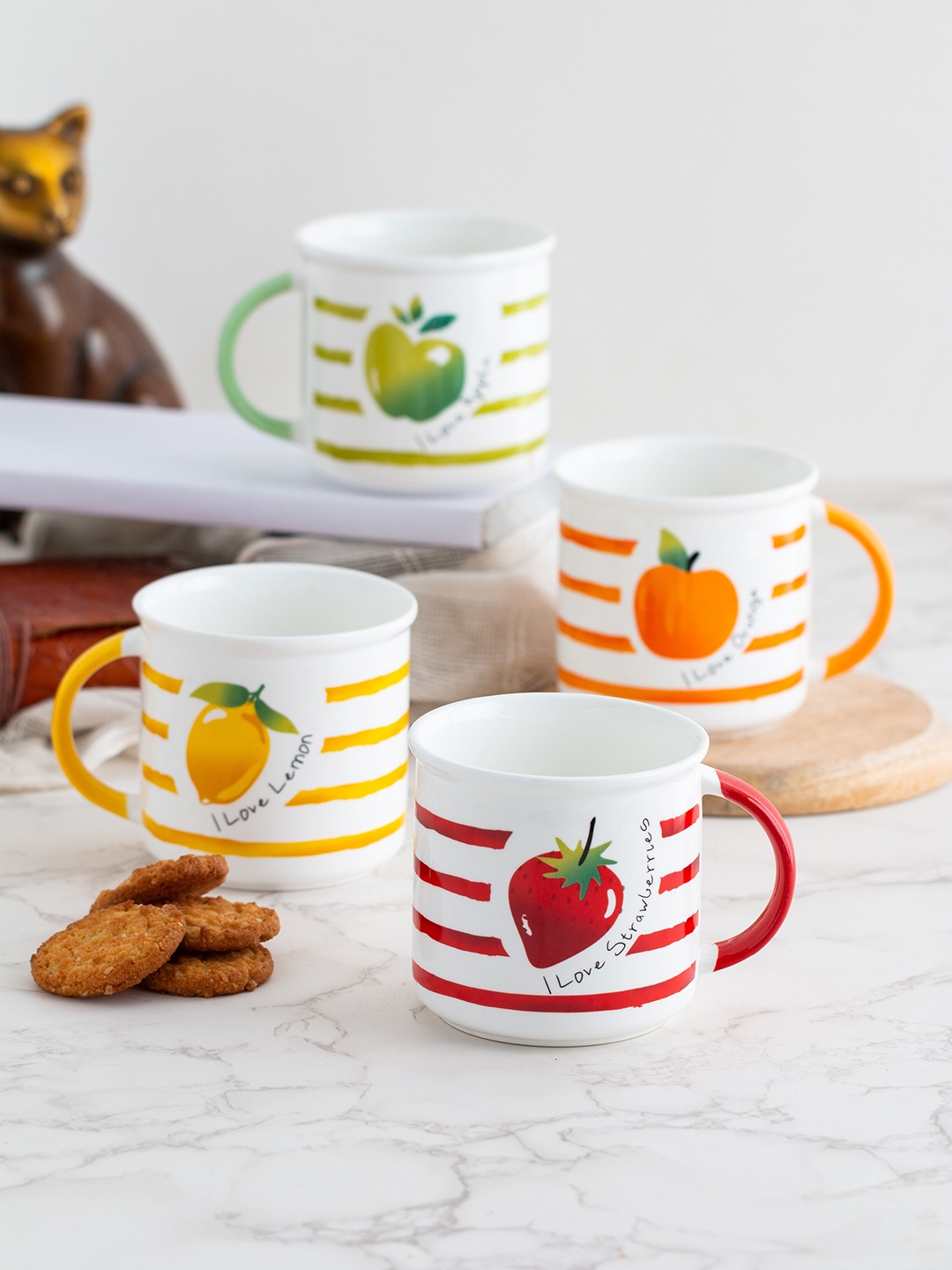 

JCPL Fine Ceramic White & Red Set Of 4 Printed Matte Mugs 350 Ml Each