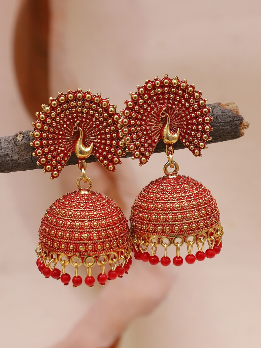 

Crunchy Fashion Women Gold-Plated Dome Shaped Jhumkas Earrings, Red