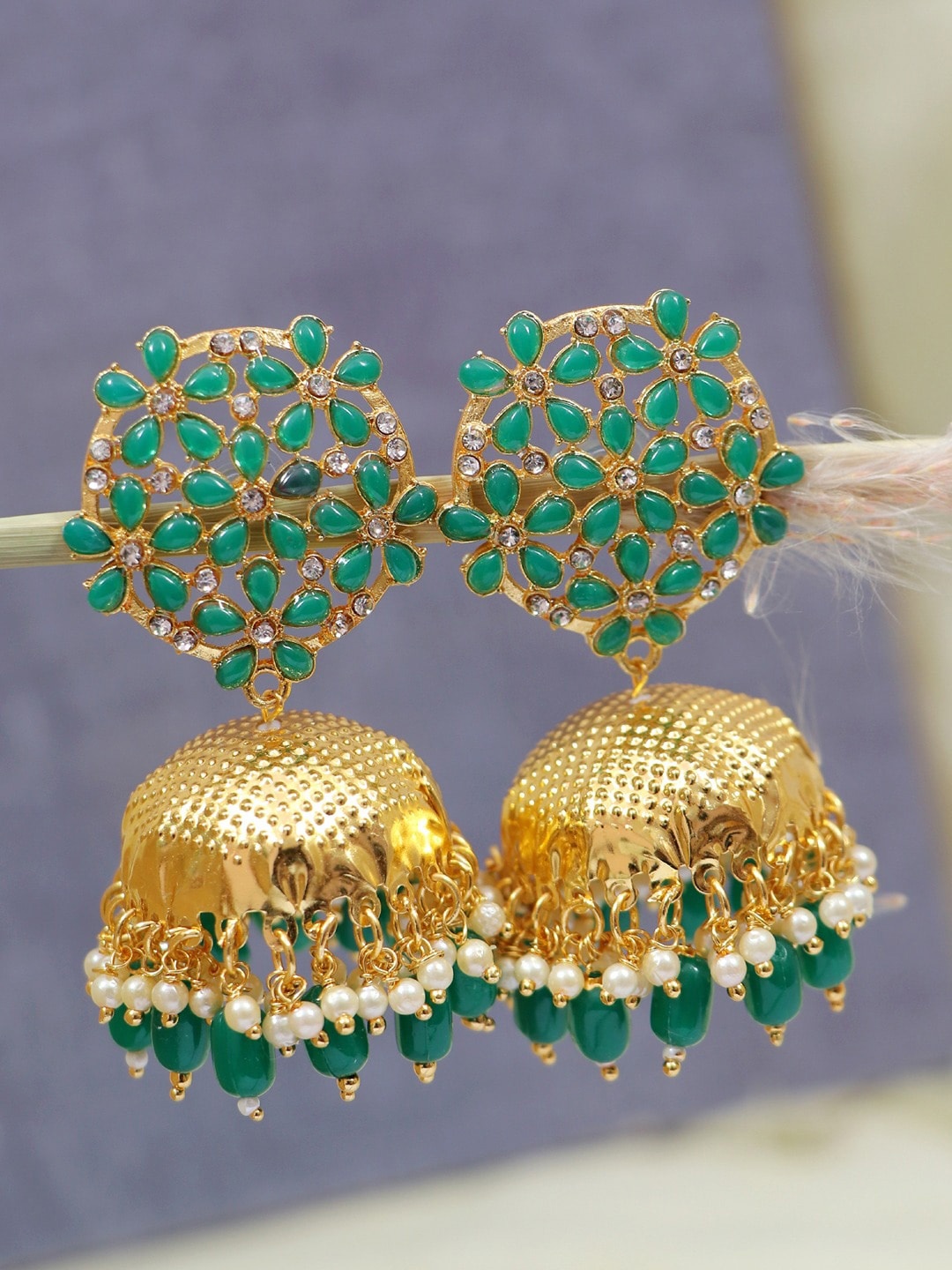 

Crunchy Fashion Women Gold-Plated Dome Shaped Jhumkas Earrings, Green