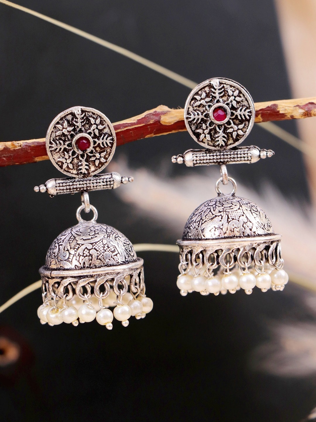 

Crunchy Fashion Women Silver-Plated Dome Shaped Jhumkas Earrings, White