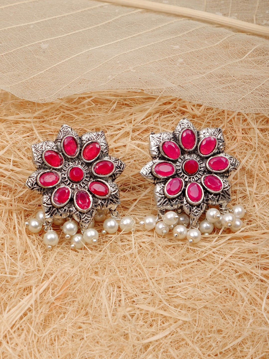 

Crunchy Fashion Women Silver-Plated Oxidised Floral Studs Earrings, Pink
