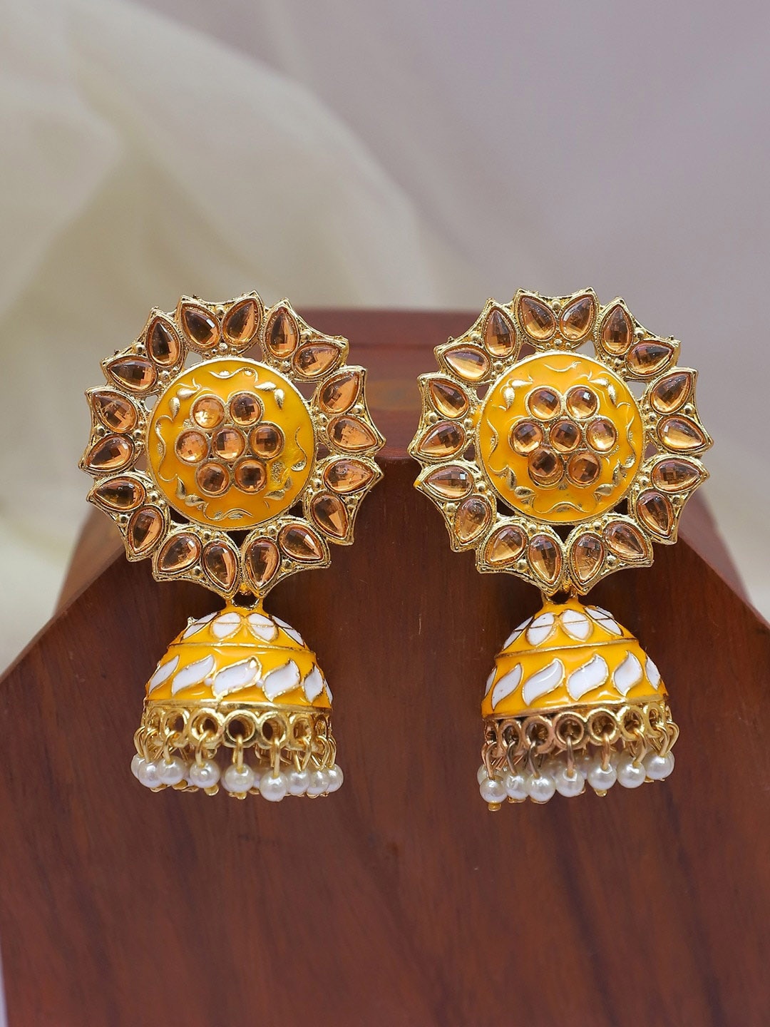 

Crunchy Fashion Women Gold-Plated Dome Shaped Jhumkas Earrings, Yellow
