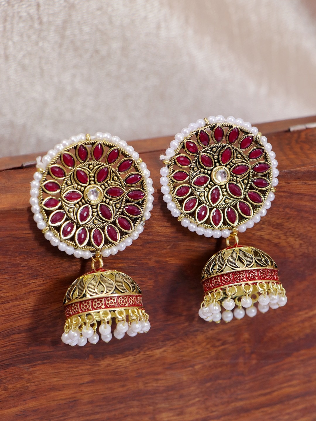 

Crunchy Fashion Women Gold-Plated Dome Shaped Jhumkas Earrings, Maroon