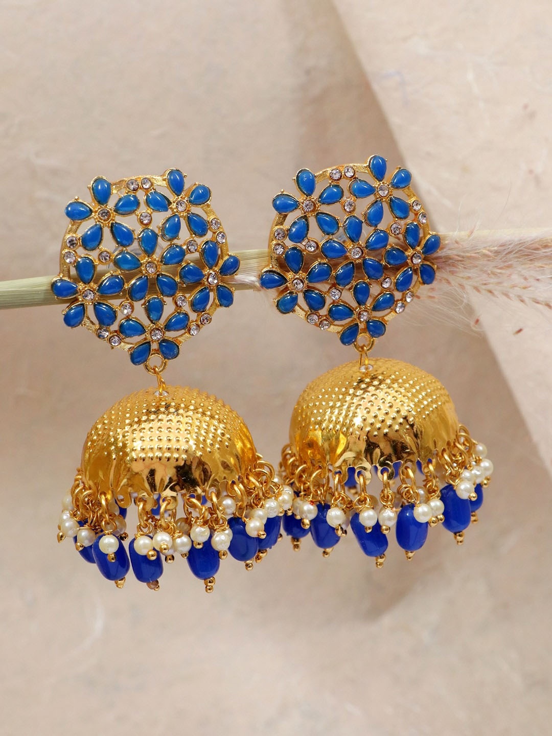 

Crunchy Fashion Gold-Plated Floral Jhumkas Earrings, Blue