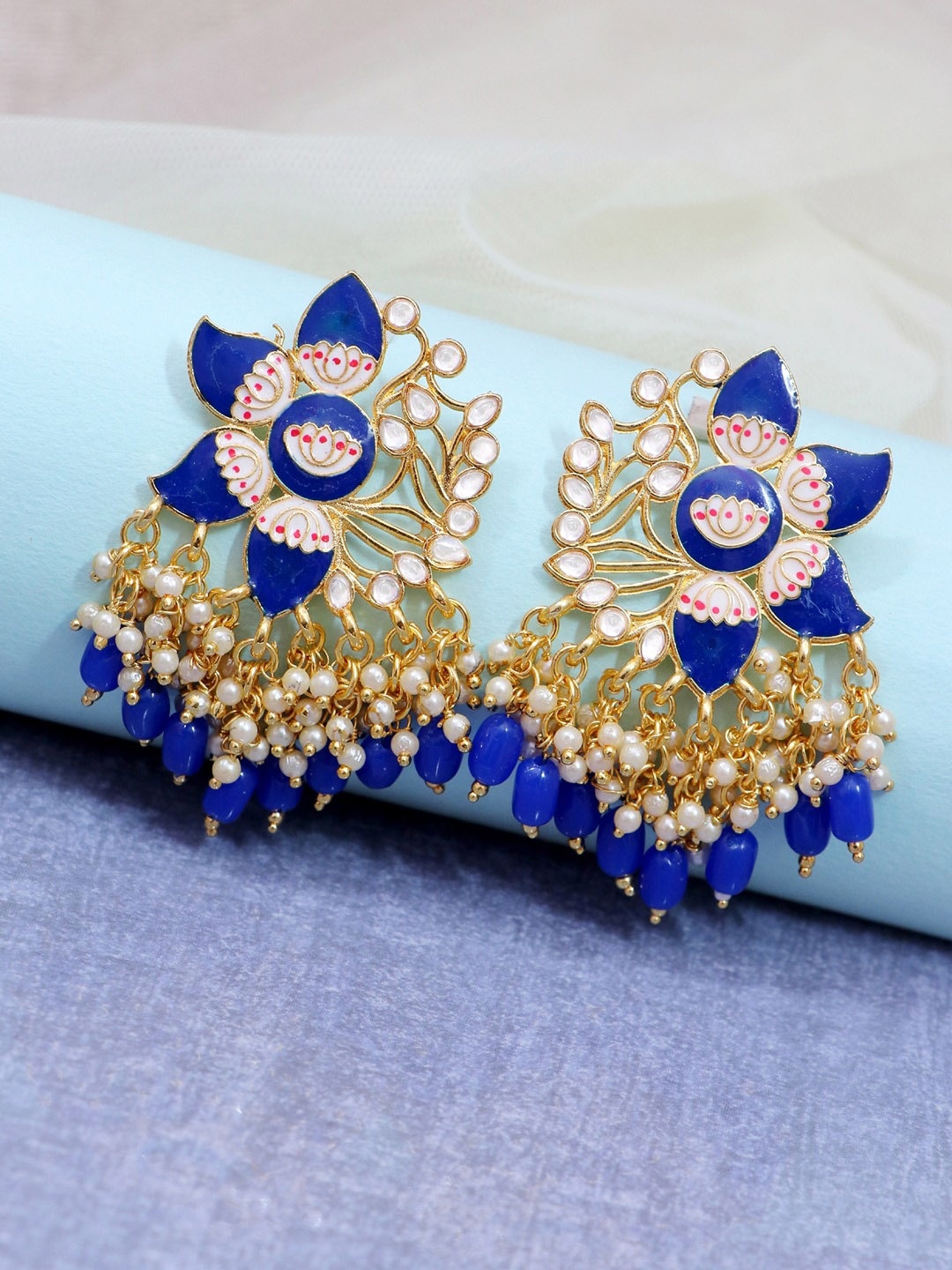 

Crunchy Fashion Gold-Plated Floral Studded Earrings, Blue