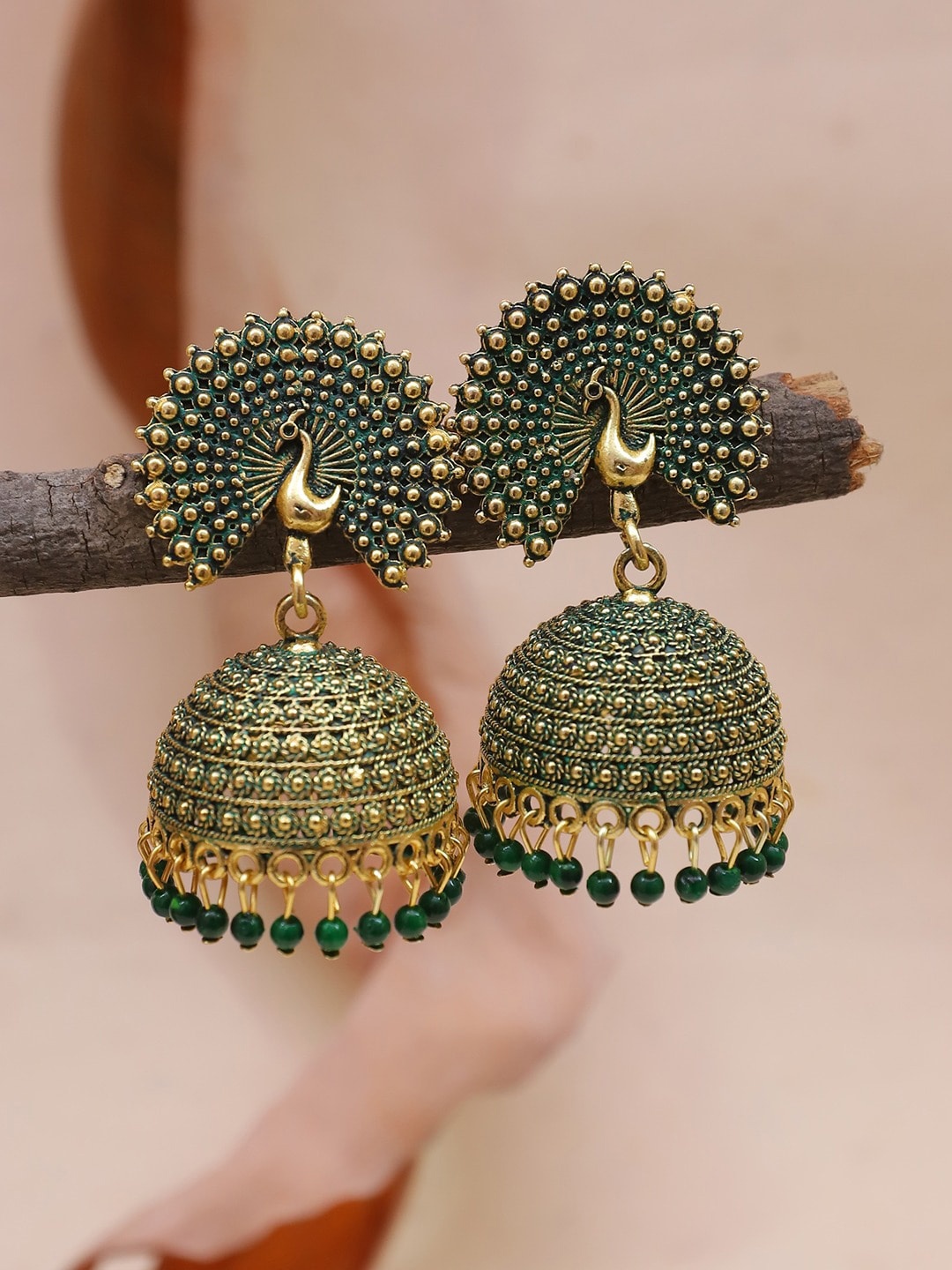 

Crunchy Fashion Gold Plated Peacock Shaped Jhumkas Earrings, Green