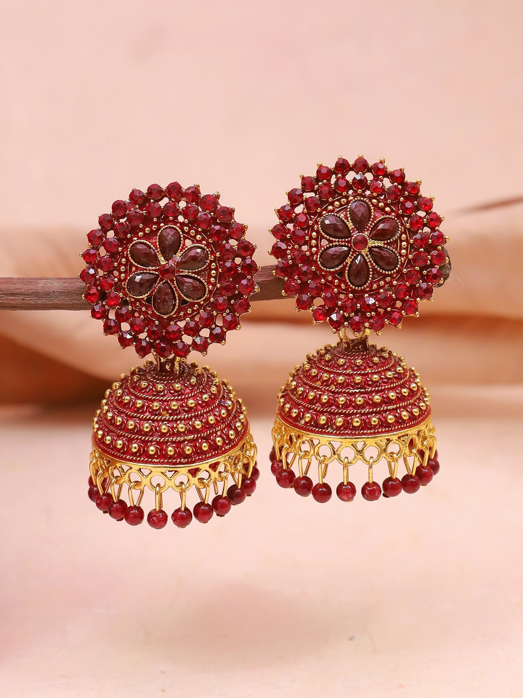

Crunchy Fashion Gold-Plated Floral Jhumkas Earrings, Maroon