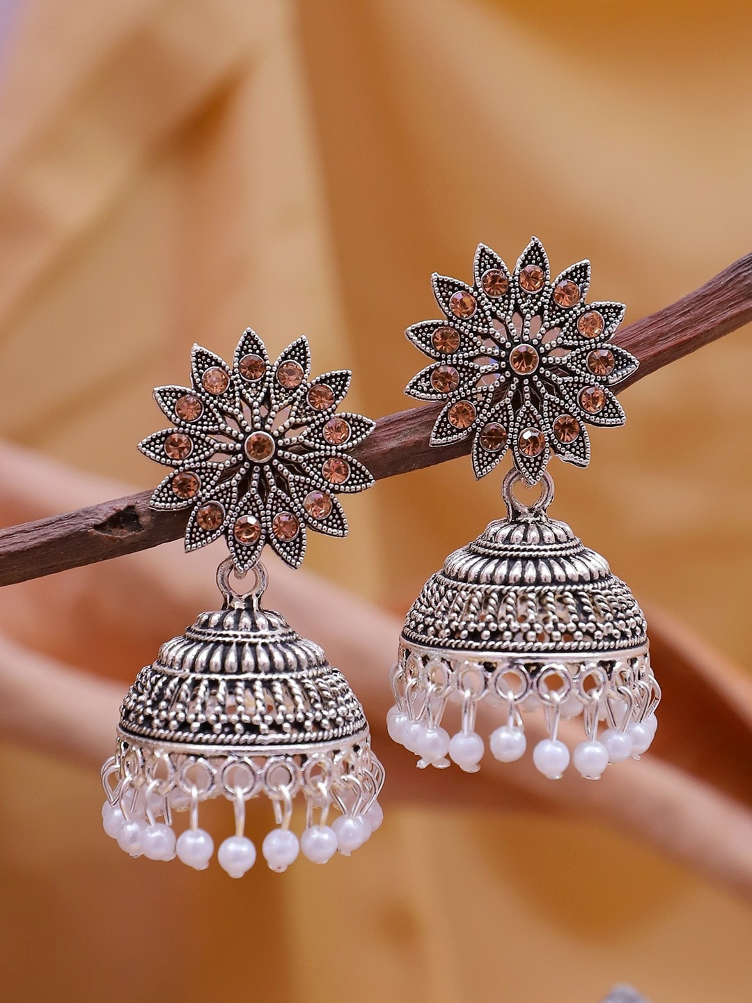 

Crunchy Fashion Oxidised Floral Jhumkas Earrings, Silver