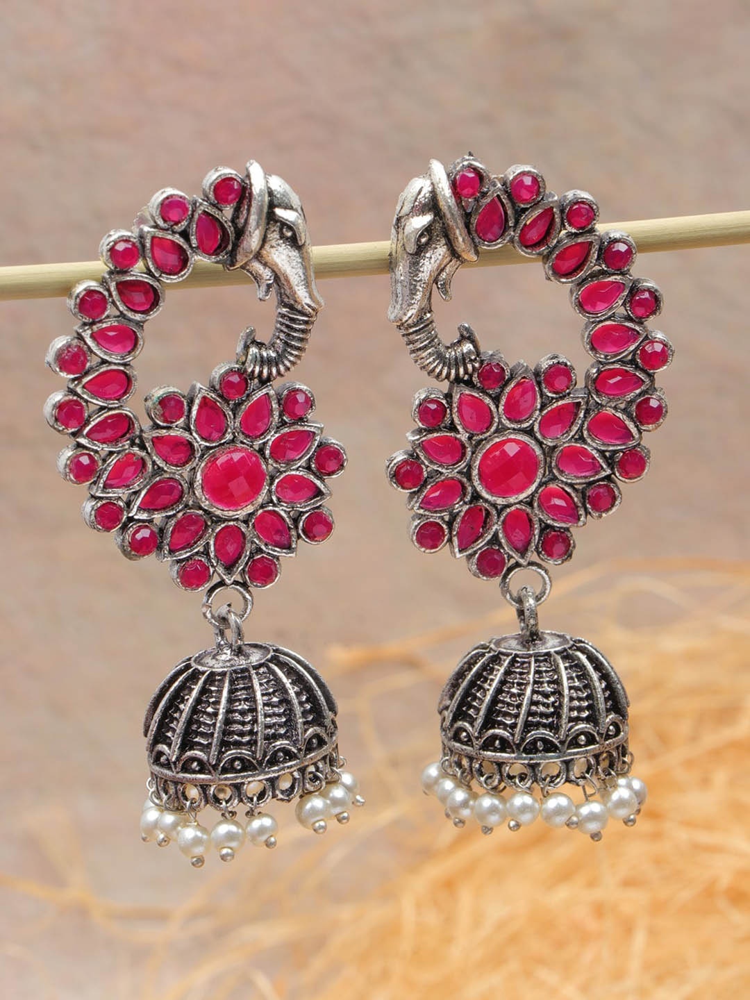 

Crunchy Fashion Peacock Shaped Jhumkas Earrings, Silver