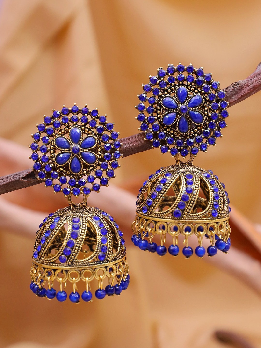 

Crunchy Fashion Gold-Toned & Blue Dome Shaped Jhumkas Earrings