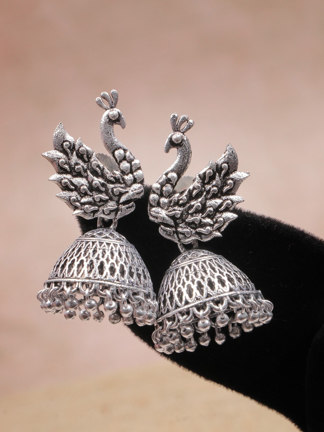 

Crunchy Fashion Silver Plated Oxidized Peacock Shaped Jhumkas Earrings
