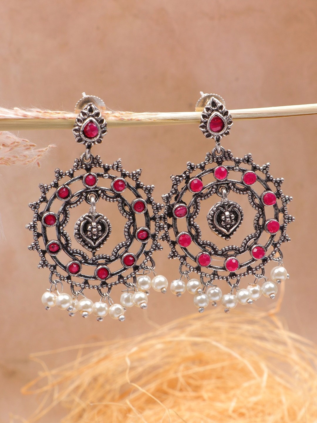 

Crunchy Fashion Silver-Plated Oxidised Classic Drop Earrings, Red