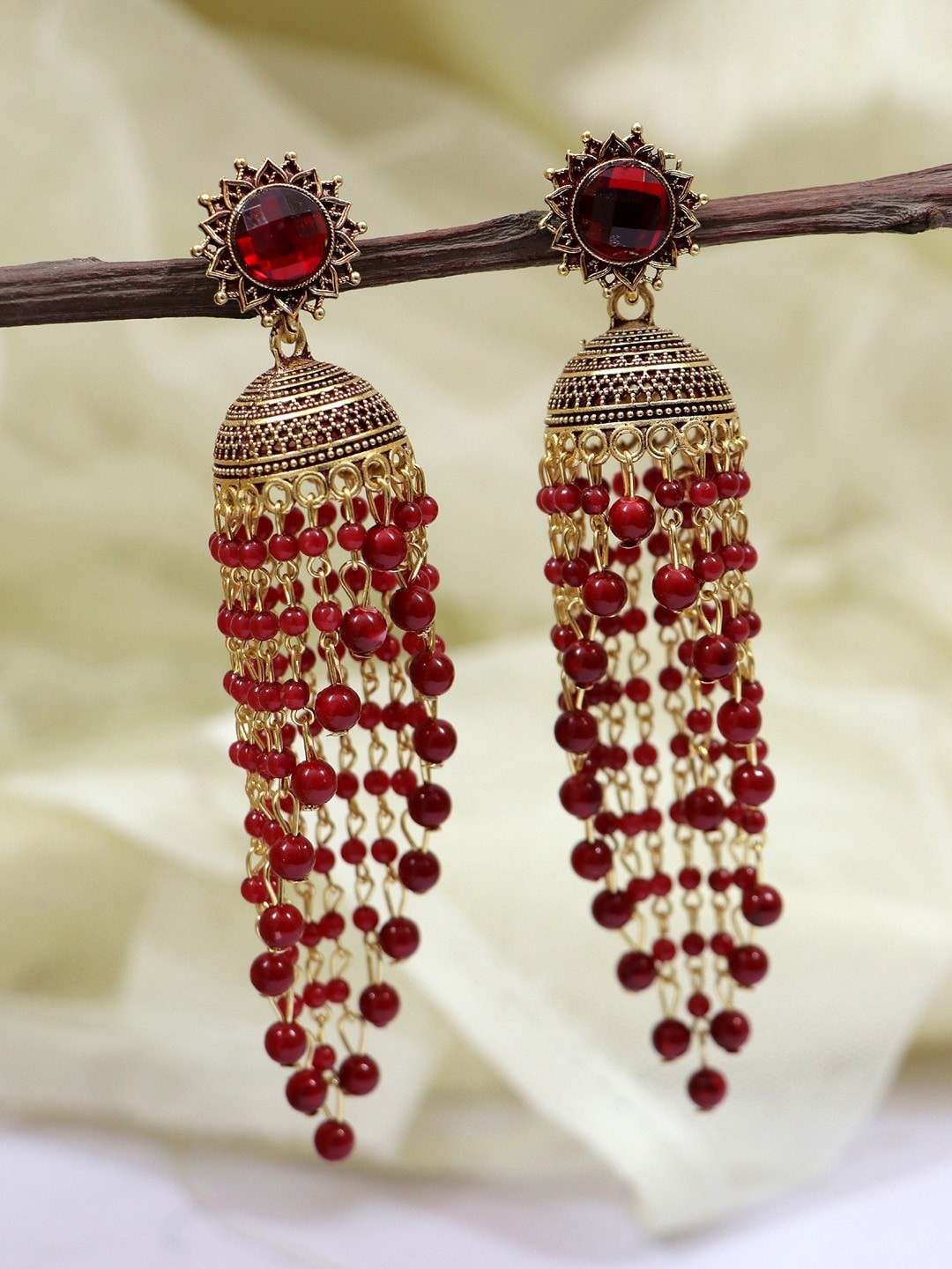 

Crunchy Fashion Gold-Plated Classic Jhumkas Earrings, Maroon