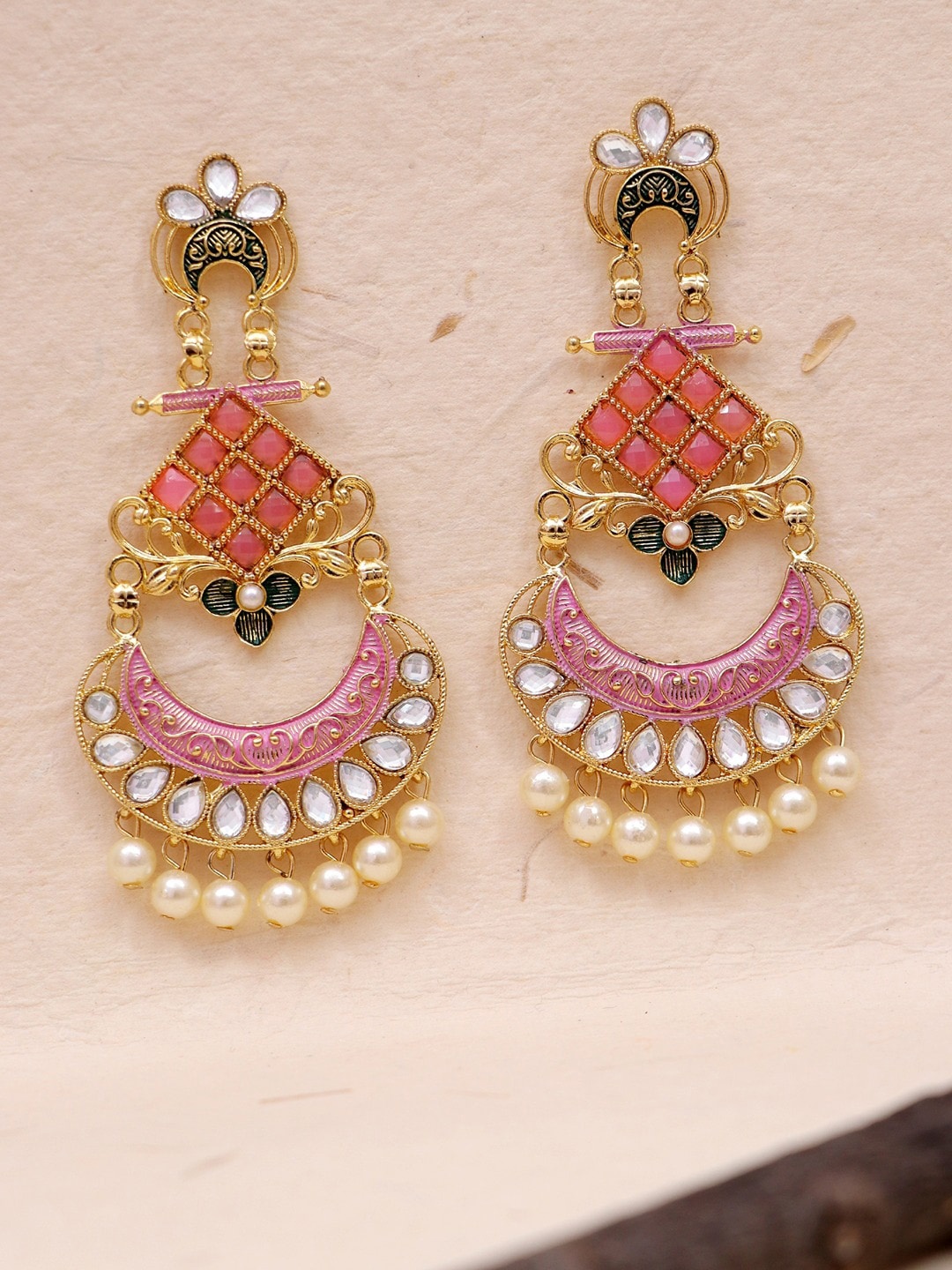 

Crunchy Fashion Gold-Plated Classic Chandbalis Earrings, Pink