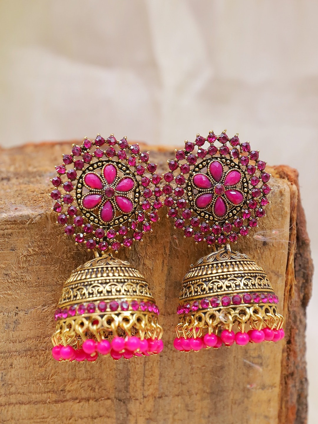 

Crunchy Fashion Gold-Plated Classic Jhumkas Earrings, Pink