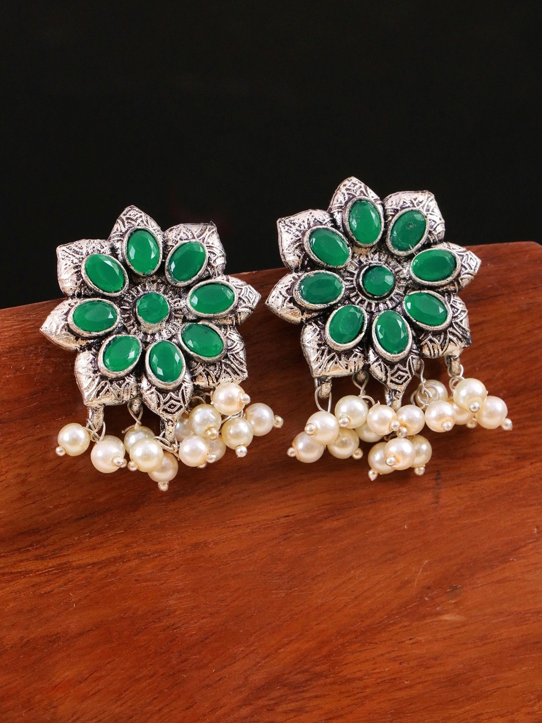 

Crunchy Fashion Silver-Plated Floral Drop Earrings, Green