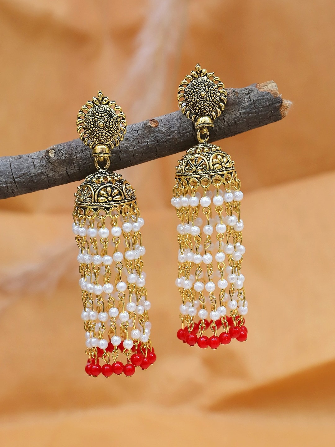 

Crunchy Fashion Gold-Plated Dome Shaped Jhumkas Earrings, Red