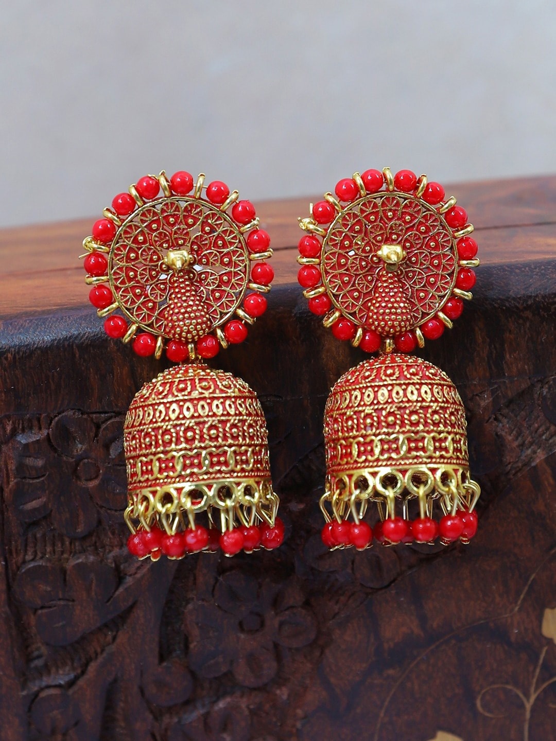 

Crunchy Fashion Gold-Plated Peacock Shaped Jhumkas Earrings, Red