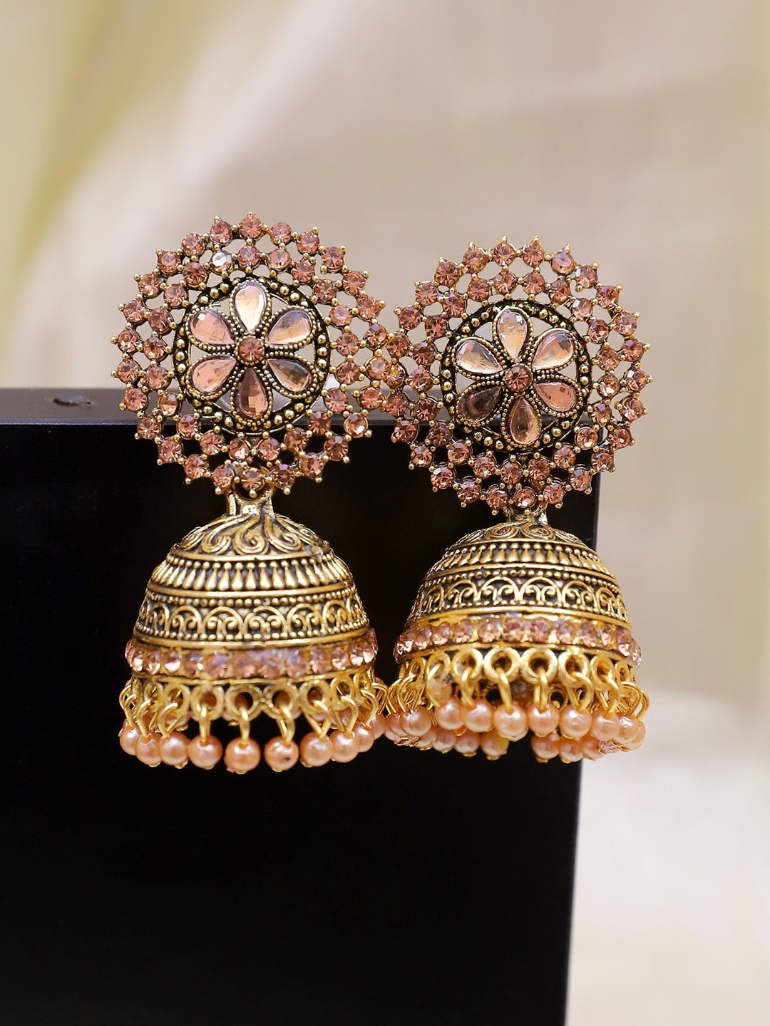 

Crunchy Fashion Gold-Plated Dome Shaped Jhumkas Earrings, Pink