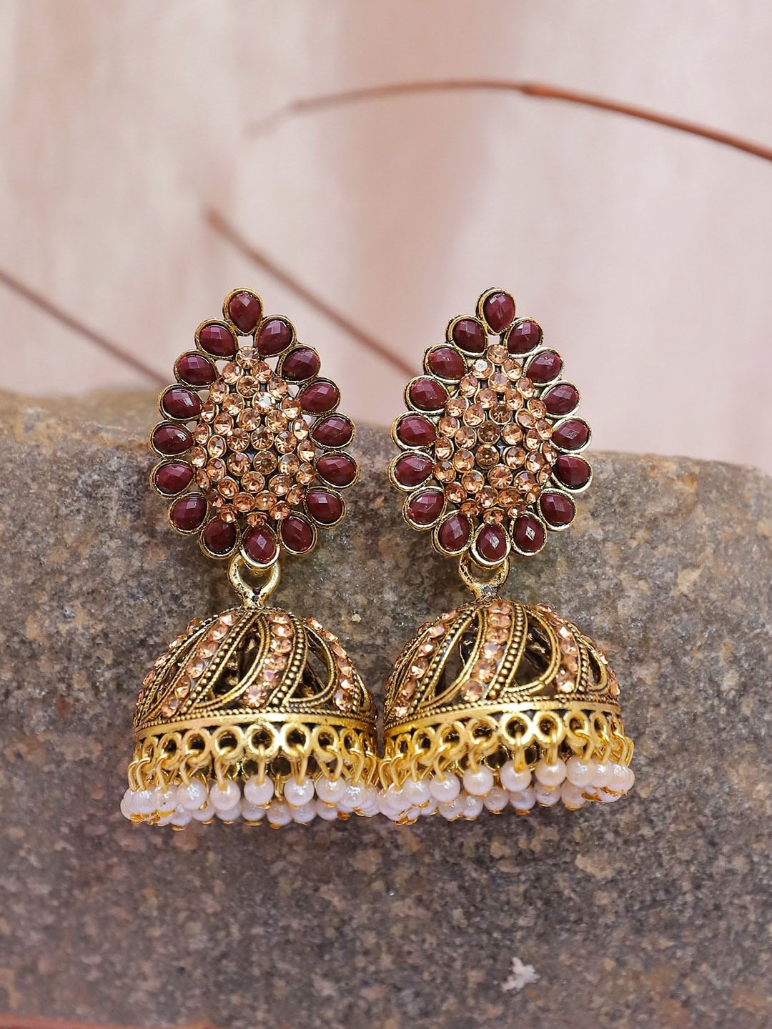 

Crunchy Fashion Gold-Plated Dome Shaped Jhumkas Earrings, Maroon