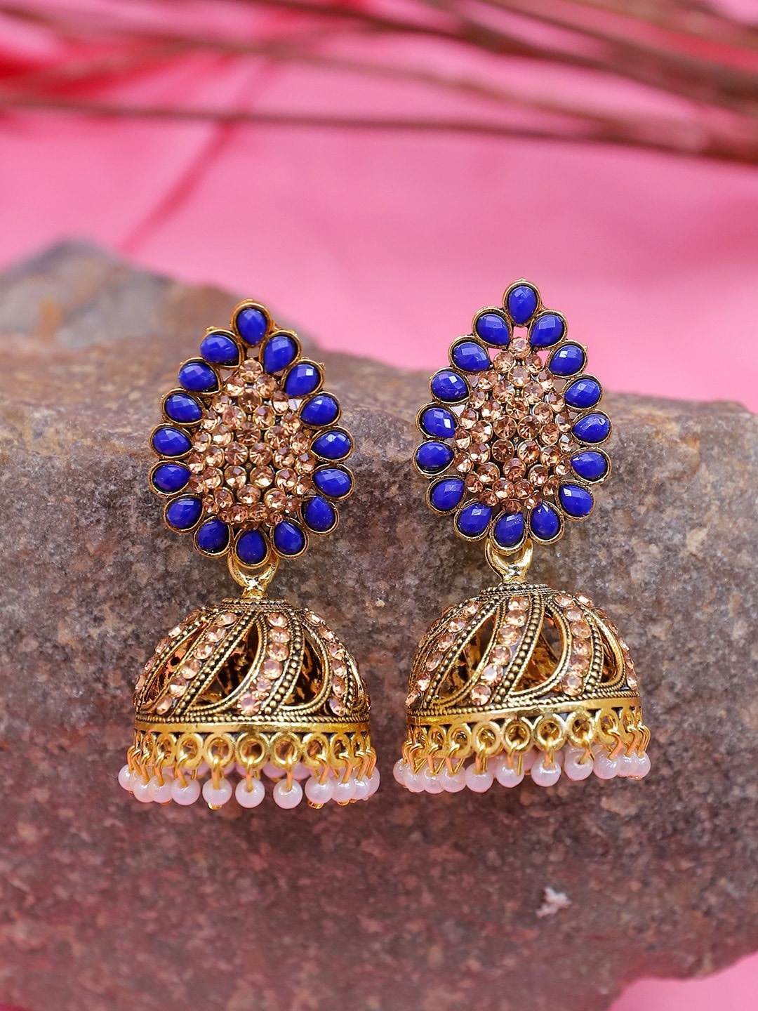 

Crunchy Fashion Gold-Plated Dome Shaped Jhumkas Earrings, Blue