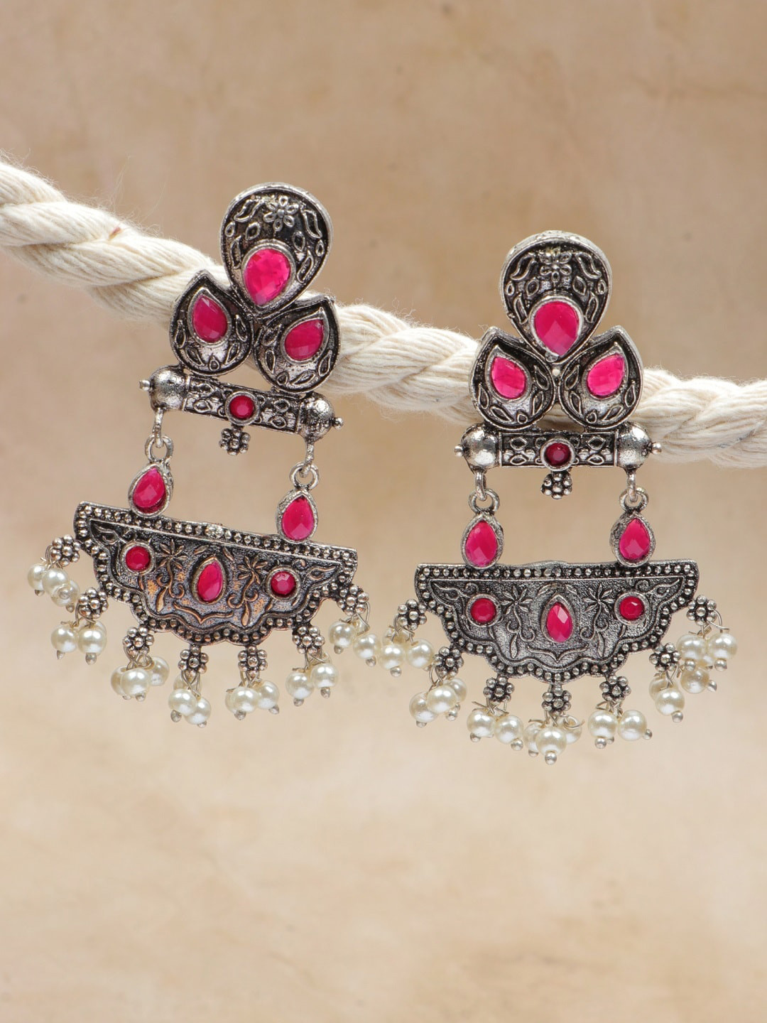 

Crunchy Fashion Silver-Plated Oxidized Classic Stone Pearl Drop Earrings, Pink