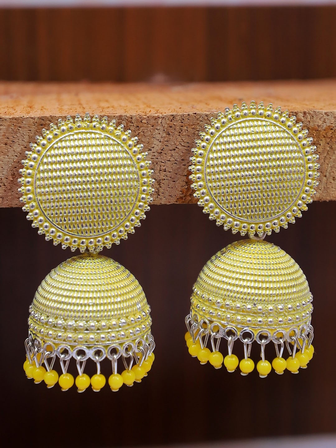 

Crunchy Fashion Gold-Plated Dome Shaped Jhumkas Earrings, Yellow