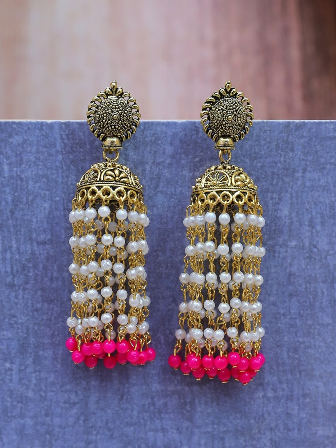 

Crunchy Fashion Gold-Plated Dome Shaped Jhumkas Earrings, Pink