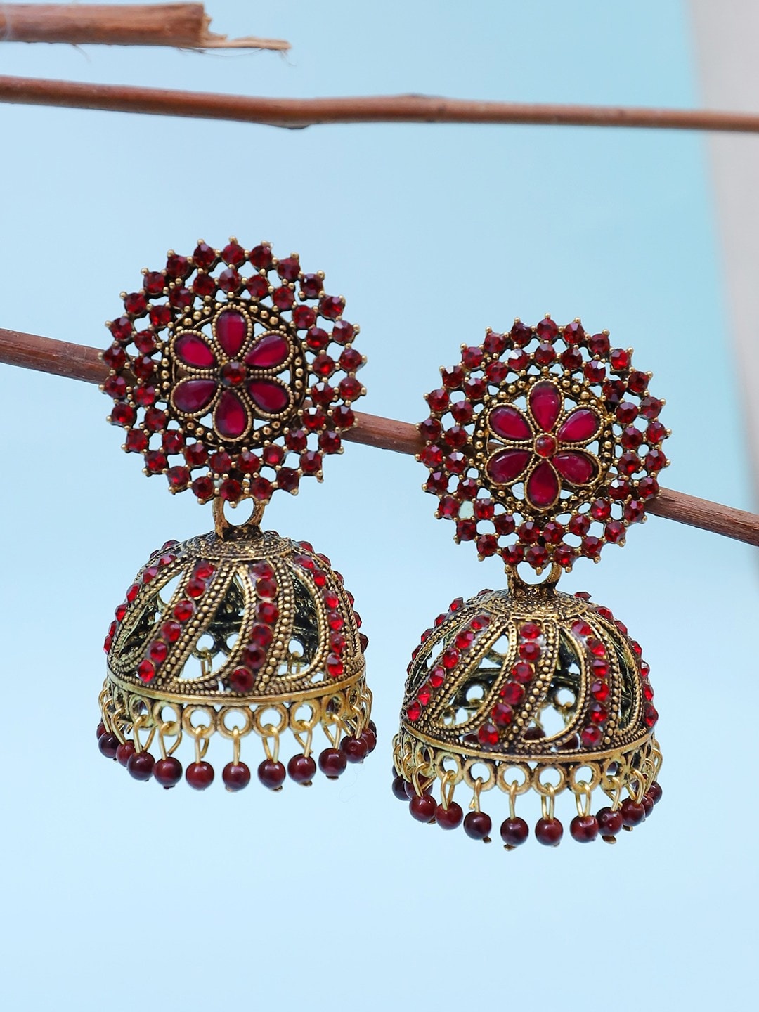 

Crunchy Fashion Gold-Plated Dome Shaped Jhumkas Earrings, Maroon