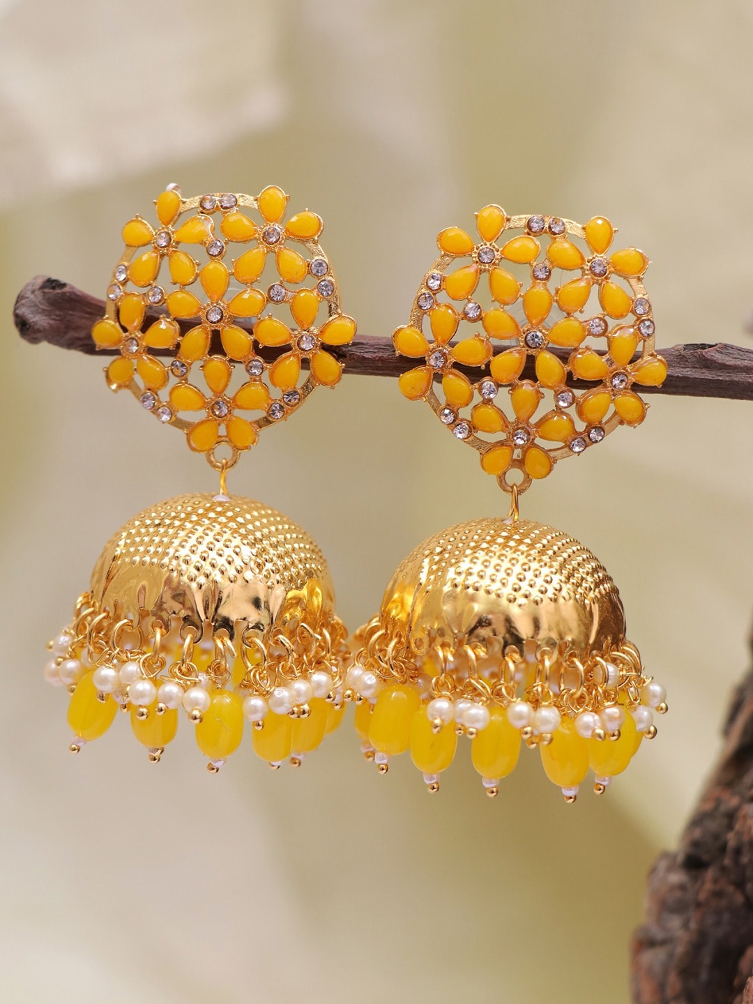 

Crunchy Fashion Gold-Plated Floral Jhumkas Earrings, Yellow