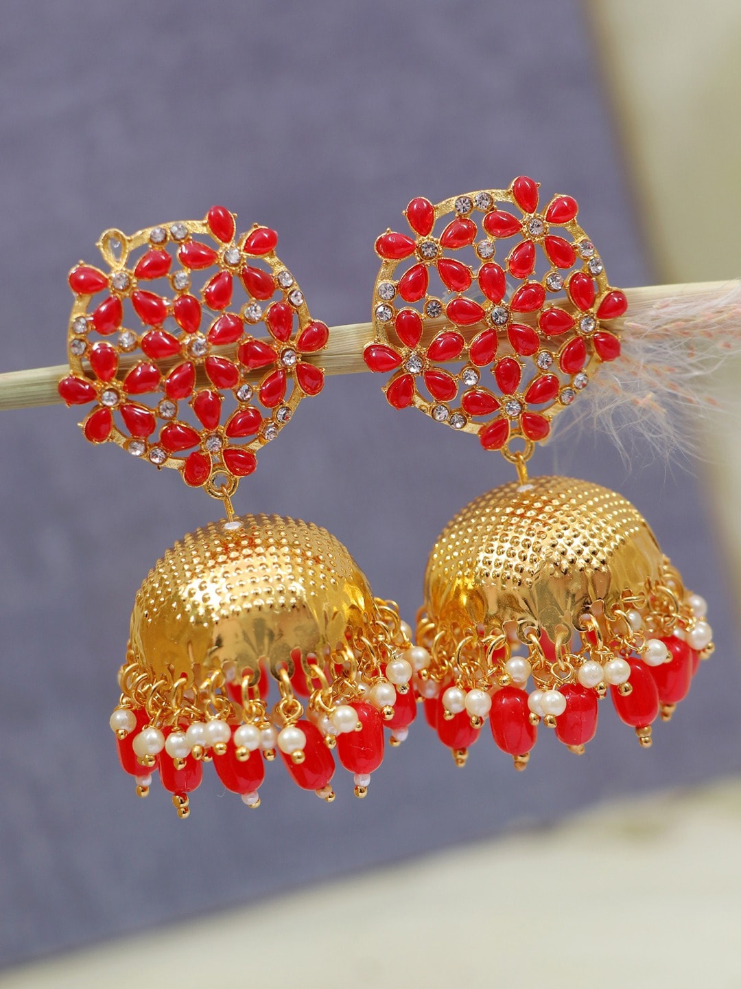 

Crunchy Fashion Red & Gold-Plated Floral Jhumkas Earrings