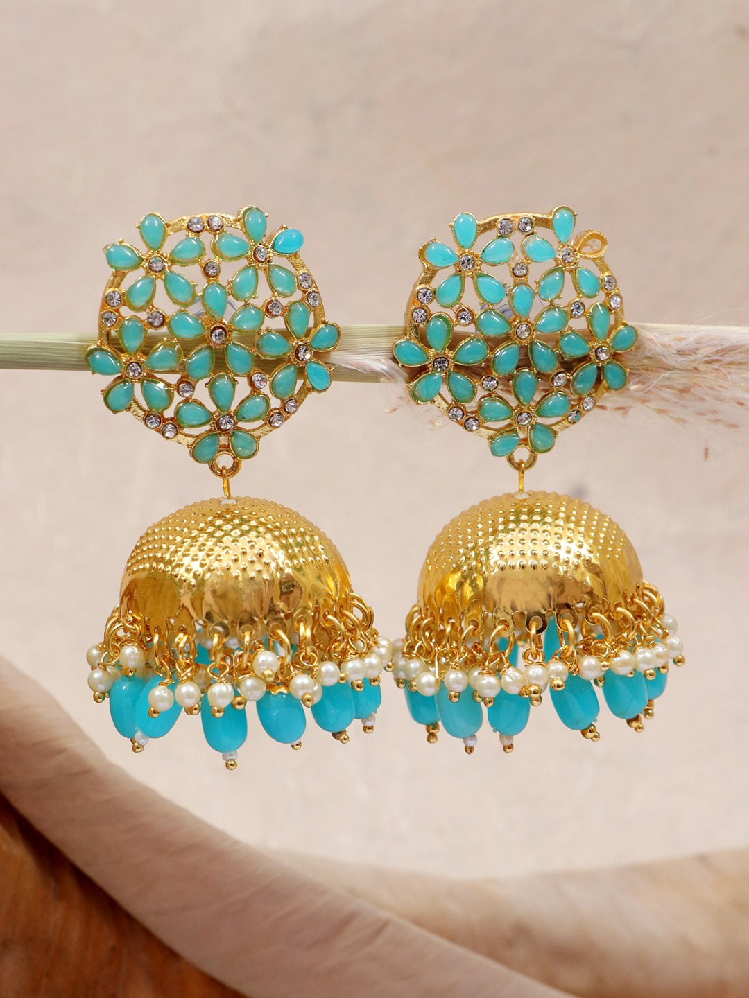 

Crunchy Fashion Gold- Plated Classic Jhumkas Earrings, Turquoise blue