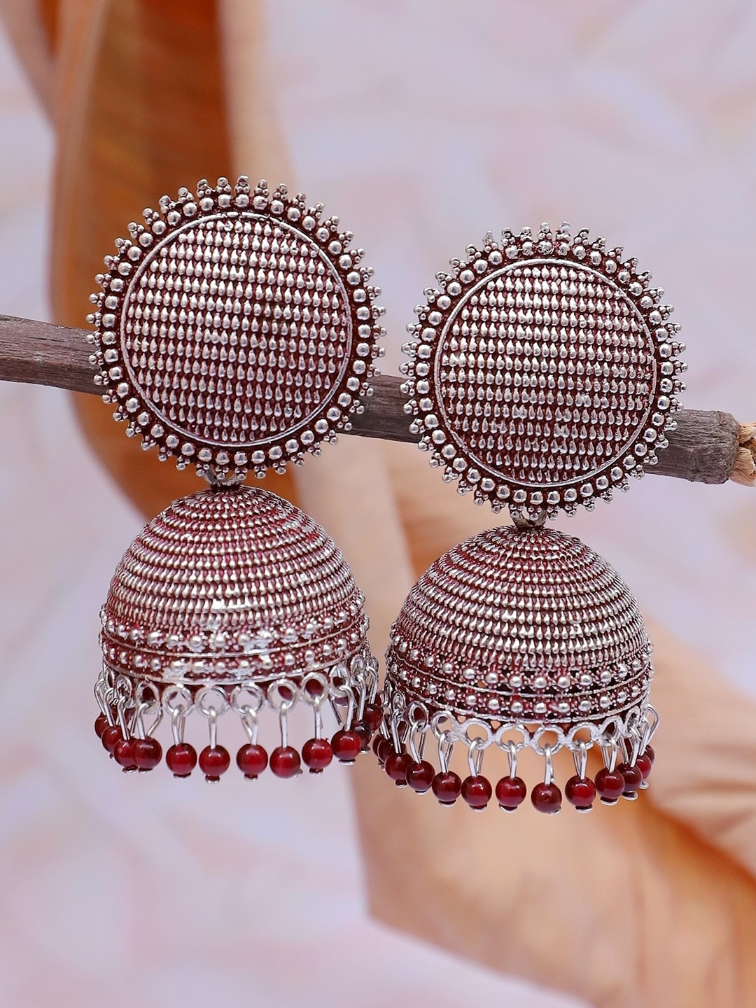 

Crunchy Fashion Silver-Plated Classic Jhumkas Earrings, Red