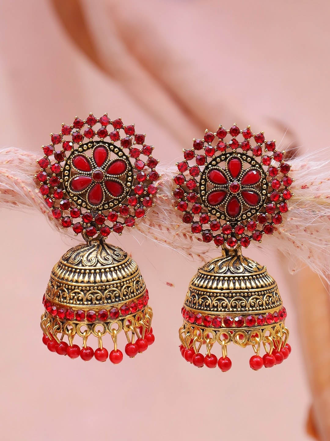 

Crunchy Fashion Gold-Plated Classic Jhumkas Earrings, Red