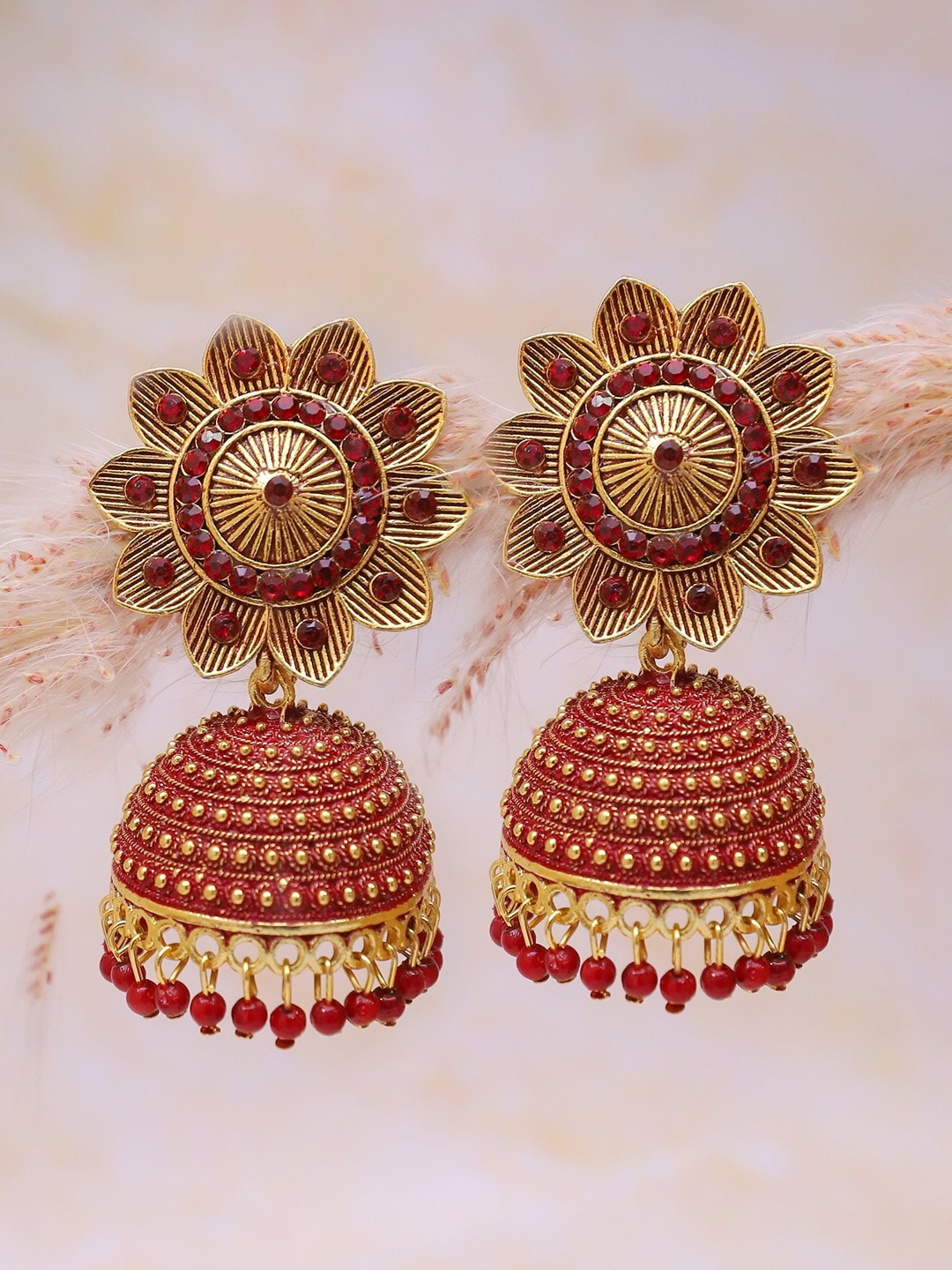 

Crunchy Fashion Gold Plated Classic Jhumkas Earrings, Maroon